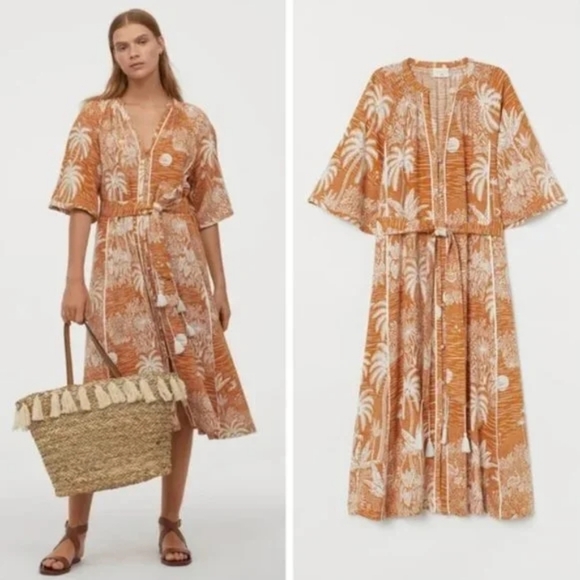 DESMOND & DEMPSEY x H&M | Landscape Caftan Midi Dress Belted Women’s Size Large - Picture 1 of 4